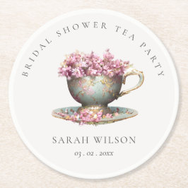 ピンク金ゴールドフローラティーカップブライダルシャワーティーパーティー ラウンドペーパーコースター