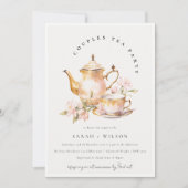 ピンク金ゴールドフローラティーセットカップルシャワーティーパーティー 招待状 (正面)