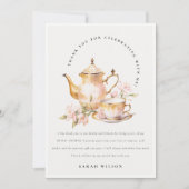 ピンク金ゴールドフローラティーセットブライダルシャワーティーパーティー サンキューカード (正面)