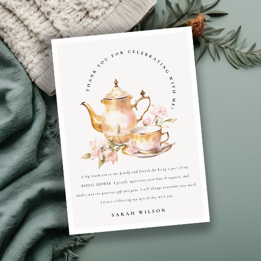 ピンク金ゴールドフローラティーセットブライダルシャワーティーパーティー サンキューカード