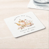 ピンク金ゴールドフローラティーセットブライダルシャワーティーパーティー スクエアペーパーコースター (アングル)