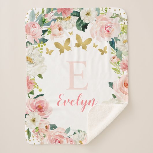 ピンク金ゴールドフローラバタフライガール シェルパブランケット (正面)