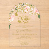 ピンク金ゴールドフローラバタフライキンセアニラ アクリル招待状 (正面)