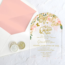 ピンク金ゴールドフローラバタフライキンセアニラ アクリル招待状