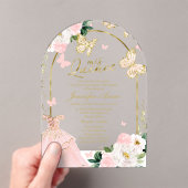 ピンク金ゴールドフローラバタフライキンセアニラ アクリル招待状 (インサイチュ (ポータブル))