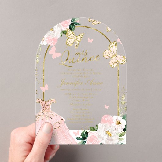 ピンク金ゴールドフローラバタフライキンセアニラ アクリル招待状 (インサイチュ (ポータブル))