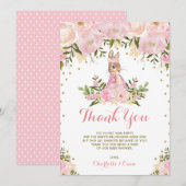 ピンク金ゴールドフローラバニーラビットサンキューカード 招待状 (正面/裏面)