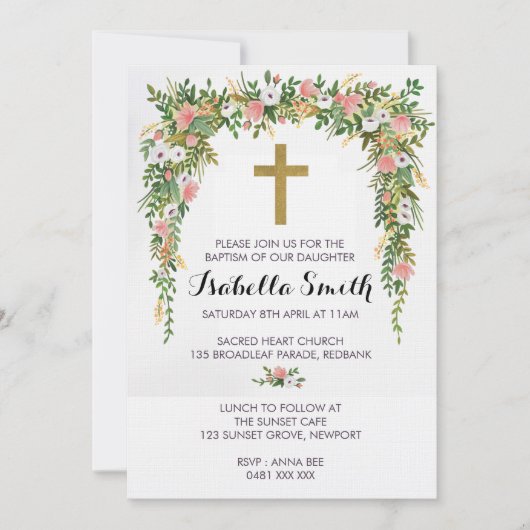 ピンク金ゴールドフローラバプテスマ/《キリスト教》洗礼式や命名式招待状 招待状 (正面)