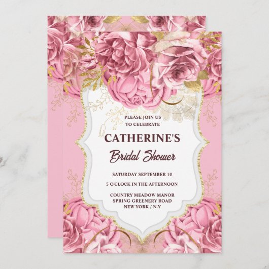 ピンク金ゴールドフローラバラ花熱帯パーティー 招待状 (正面/裏面)