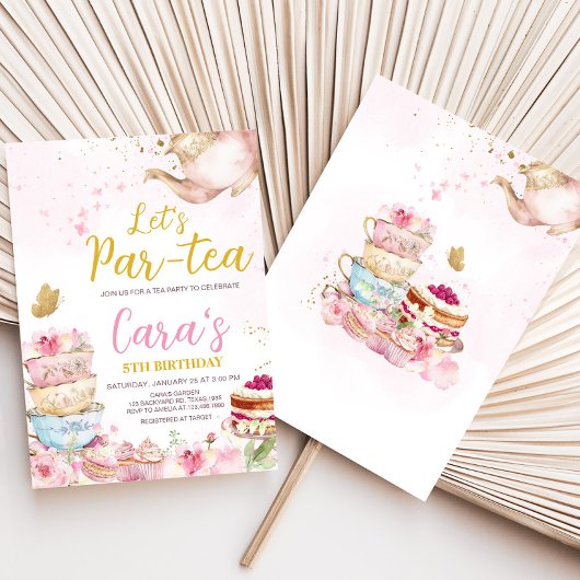 ピンク金ゴールドフローラパルティーバースデーパーティー 招待状