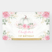 ピンク金ゴールドフローラパンプキン誕生日ベビーガールパーティー 横断幕 (横)