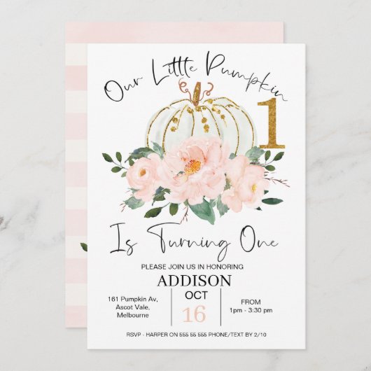 ピンク金ゴールドフローラパンプキン1日誕生日招待状 招待状 (正面/裏面)