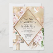 ピンク金ゴールドフローラファースト聖体拝領ガール 招待状 (正面)