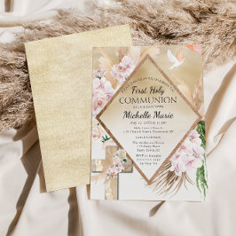 ピンク金ゴールドフローラファースト聖体拝領ガール 招待状