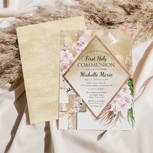 ピンク金ゴールドフローラファースト聖体拝領ガール 招待状