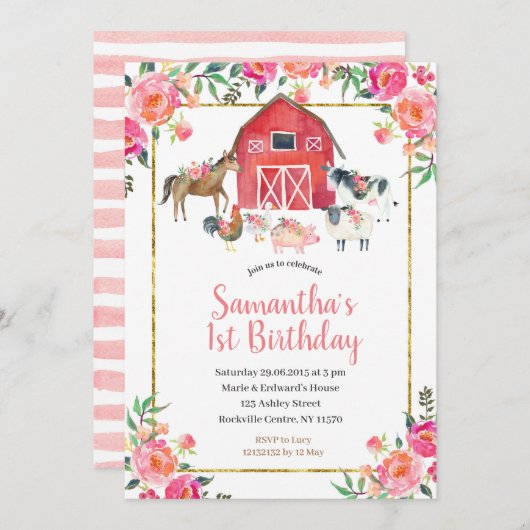 ピンク金ゴールドフローラファーム1st誕生日招待状 招待状 (正面/裏面)