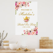 ピンク金ゴールドフローラブライダルシャワーティーパーティーウェルカムL ポスター (キッチン)