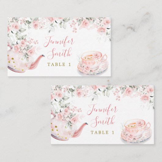 ピンク金ゴールドフローラブライダルシャワーティーパーティー プレイスカード (正面/裏面)