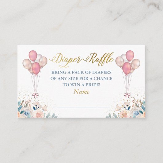 ピンク金ゴールドフローラベビーシャワーおむつラッフルチケット エンクロージャーカード (正面)