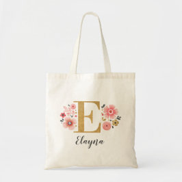 ピンク金ゴールドフローラモノグラム文字「E」 トートバッグ