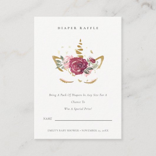 ピンク金ゴールドフローラユニコーンオムツラッフルベビーシャワー エンクロージャーカード (正面)