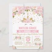 ピンク金ゴールドフローラユニコーンマジカル誕生日 招待状 (正面)