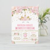 ピンク金ゴールドフローラユニコーンマジカル誕生日 招待状 (スタンド正面)