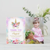 ピンク金ゴールドフローラユニコーン誕生日写真ありがとう サンキューカード (スタンド正面)