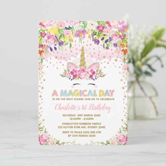 ピンク金ゴールドフローラユニコーン誕生日招待状レインボー 招待状 (スタンド正面)