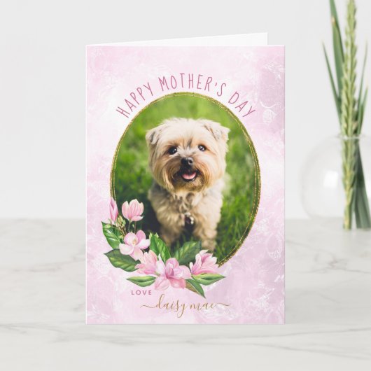 ピンク金ゴールドフローラリースドッグフォトマザーズデイ カード (正面)