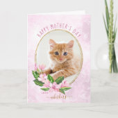 ピンク金ゴールドフローラリース猫写真母の日 カード (正面)
