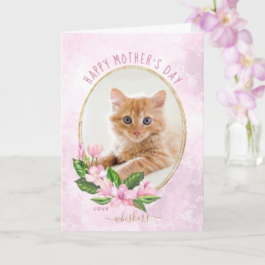 ピンク金ゴールドフローラリース猫写真母の日 カード (蘭)