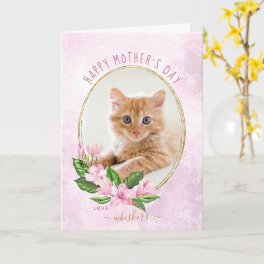 ピンク金ゴールドフローラリース猫写真母の日 カード (黄色い花)