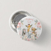 ピンク金ゴールドフローラワイルドジャングルサファリ誕生日ガール 缶バッジ (正面&裏面)