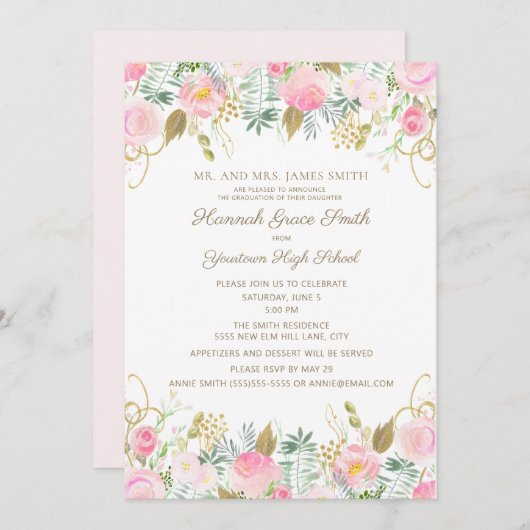 ピンク金ゴールドフローラ女子卒業パーティー 招待状 (正面/裏面)