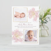 ピンク金ゴールドフローラ水彩のベビーガール2写真 案内状 (スタンド正面)