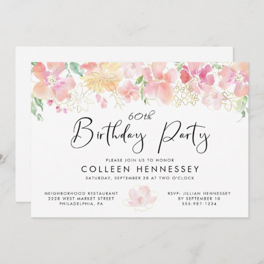ピンク金ゴールドフローラ水彩60誕生日 招待状 (正面/裏面)