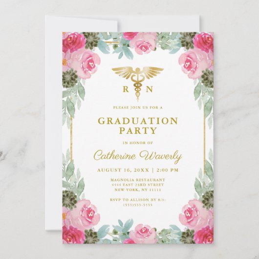 ピンク金ゴールドフローラ看護学校写真卒業 招待状 (正面)