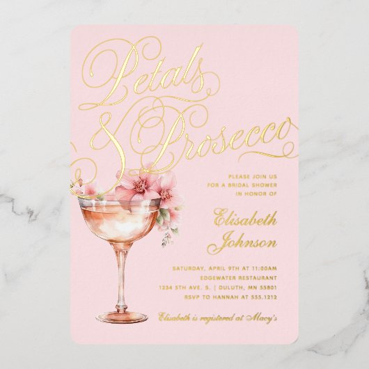 ピンク金ゴールドフローラ花びら&プロセッコブライダルシャワー 箔招待状 (正面)