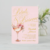 ピンク金ゴールドフローラ花びら&プロセッコブライダルシャワー 箔招待状 (立ち正面)