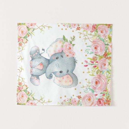 ピンク金ゴールドフローラ象子供部屋ベビーガールデコール タペストリー (正面(横))