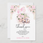ピンク金ゴールドフローラ車のドライブバイベビーガールシャワー サンキューカード (正面)