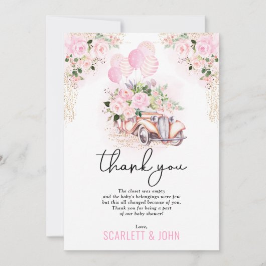 ピンク金ゴールドフローラ車のドライブバイベビーガールシャワー サンキューカード (正面)
