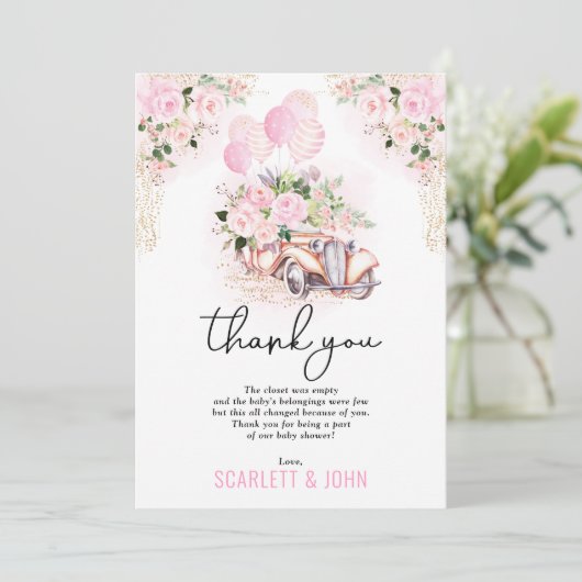 ピンク金ゴールドフローラ車のドライブバイベビーガールシャワー サンキューカード (スタンド正面)