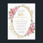 ピンク金ゴールドフローラ80th誕生日パーティーへの招待 インビテーションポストカード<br><div class="desc">この誕生日と80回目のエレガントパーティーの招待フェミニンで特別な女性を尊重する。80日は大書ピンク文字。誕生祝い後を追。名誉あるゲストの名前もピンクの大文字で書かれている。残りの文字は柔らかいハト灰色。誕生祝い詳細は、ピンクのバラとセージの緑の飾金ゴールドでシックなフレームに囲ま離れれている。デザインの間伝統的に、開いた風通しの良い植物性の葉と文字与えはバイブコンテンポラリーだ。ポストカードバックには、パーティーを記述するために使用できる個人メッセージが含まれている。残念ながら、80の数字は編集できない。もうもし1年お願いだから、カスタムデザインを作って嬉しいよ。</div>