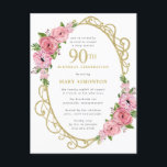 ピンク金ゴールドフローラ90th誕生日パーティー インビテーションポストカード<br><div class="desc">この90歳の誕生日パーティーエレガントの招待でフェミニン特別な女性を尊重する。90日は大書ピンクの文字。誕生祝い後を追。名誉あるゲストの名前もピンクの大文字で書かれている。残りの文字は柔らかいハト灰色。誕生祝い詳細は、赤面のピンクのバラとセージの緑の飾金ゴールドと一緒にシックなフレームに囲ま葉れている。デザインの間伝統的に、開いた風通しの良い植物性の葉と文字与えはバイブコンテンポラリーだ。ポストカードバックには、パーティーを記述するために使用できる個人メッセージが含まれている。残念ながら、90の数字は編集できない。もうもし1年お願いだから、カスタムデザインを作って嬉しいよ。</div>
