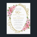 ピンク金ゴールドフローラ90th誕生日パーティー インビテーションポストカード<br><div class="desc">この90歳の誕生日パーティーエレガントの招待でフェミニン特別な女性を尊重する。90日は大書ピンクの文字。誕生祝い後を追。名誉あるゲストの名前もピンクの大文字で書かれている。残りの文字は柔らかいハト灰色。誕生祝い詳細は、赤面のピンクのバラとセージの緑の飾金ゴールドと一緒にシックなフレームに囲ま葉れている。デザインの間伝統的に、開いた風通しの良い植物性の葉と文字与えはバイブコンテンポラリーだ。ポストカードバックには、パーティーを記述するために使用できる個人メッセージが含まれている。残念ながら、90の数字は編集できない。もうもし1年お願いだから、カスタムデザインを作って嬉しいよ。</div>