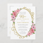 ピンク金ゴールドフローラ90th誕生日パーティー インビテーションポストカード (正面/裏面)