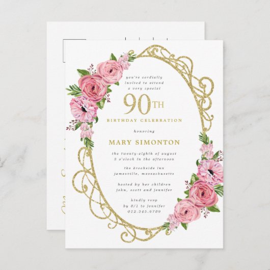 ピンク金ゴールドフローラ90th誕生日パーティー インビテーションポストカード (正面/裏面)
