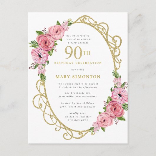 ピンク金ゴールドフローラ90th誕生日パーティー インビテーションポストカード (正面)